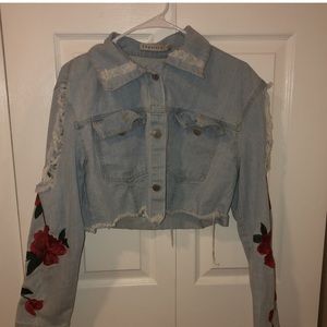Distressed cropped jacketRose detailing on sleeves